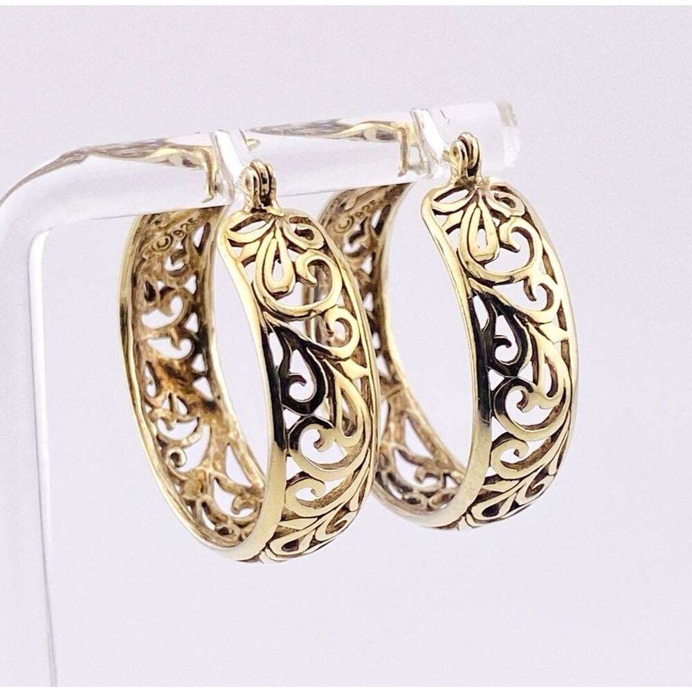 Vintage 1980s Open Scroll Work Sterling Silver Hoop Earrings 1 1/8"